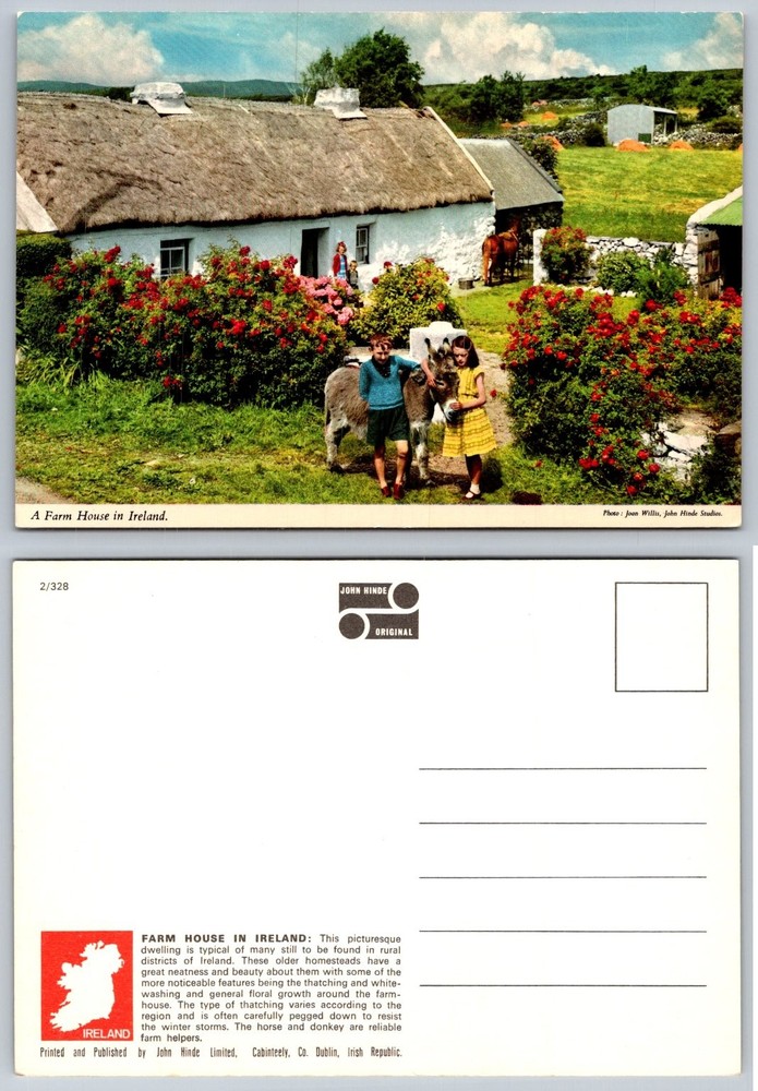 John Hinde Postcard: Irish Thatched Cottage, Children, Donkeys, Roses