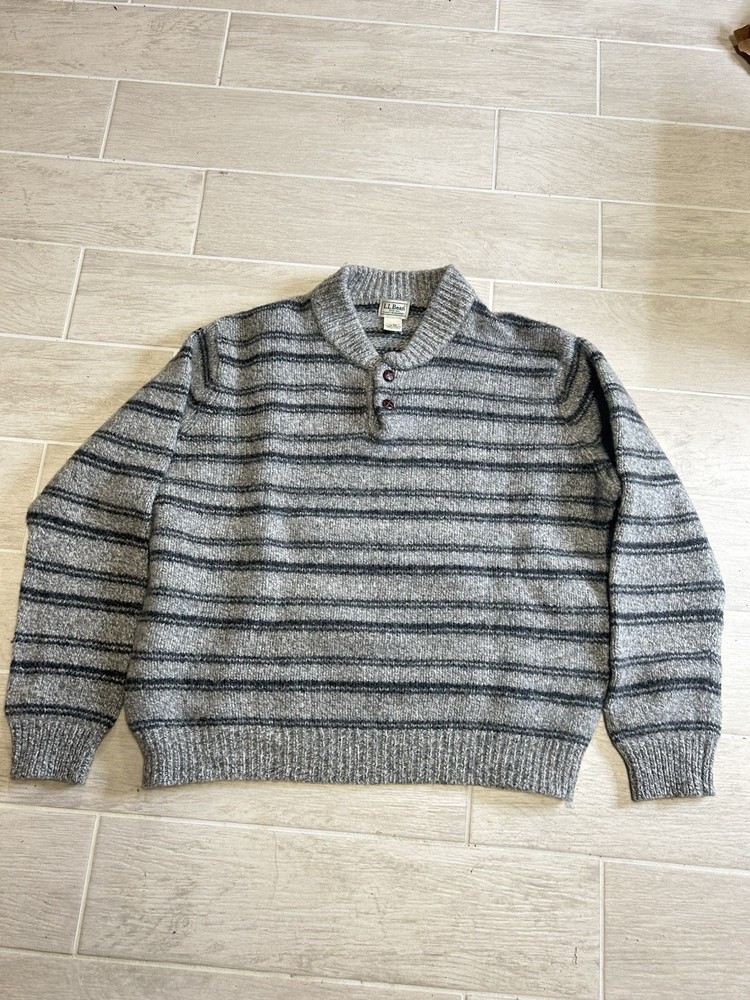 L.L.Bean Men’s Striped Henley Button Neck Sweater SzXL 100% Lambswool Ragg Gray