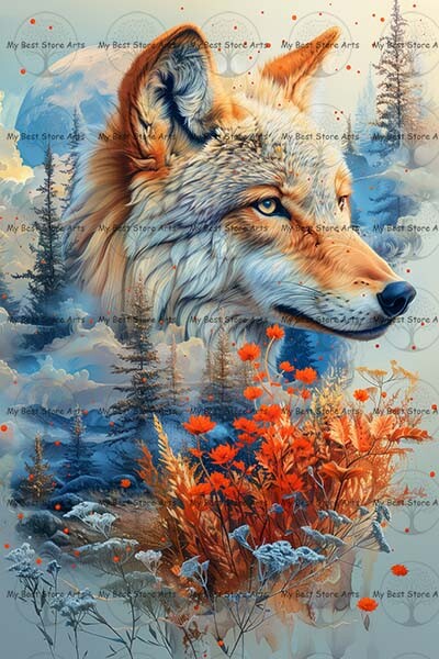 Abstract Wolf Art Print with Floral Accents for Cottagecore Decor D476-image