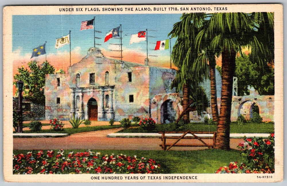 Vtg Linen Postcard Under Six Flags Alamo San Antonio, TX 1940s
