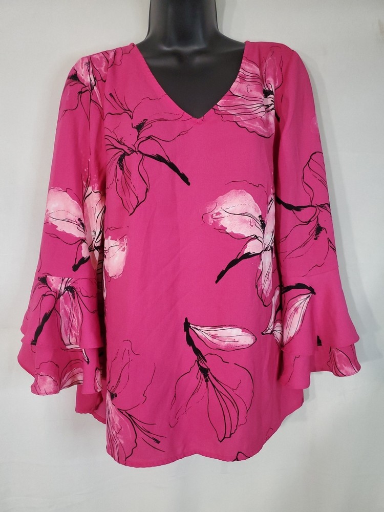 Apt. 9 Blouse Women's Size Small Bell Sleeve Floral V-neck Sheer Pink Boho
