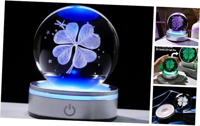 3D Crystal Four-Leaf Clover Ball Figurine – 3.15 Inch Good Luck Gift for Women
