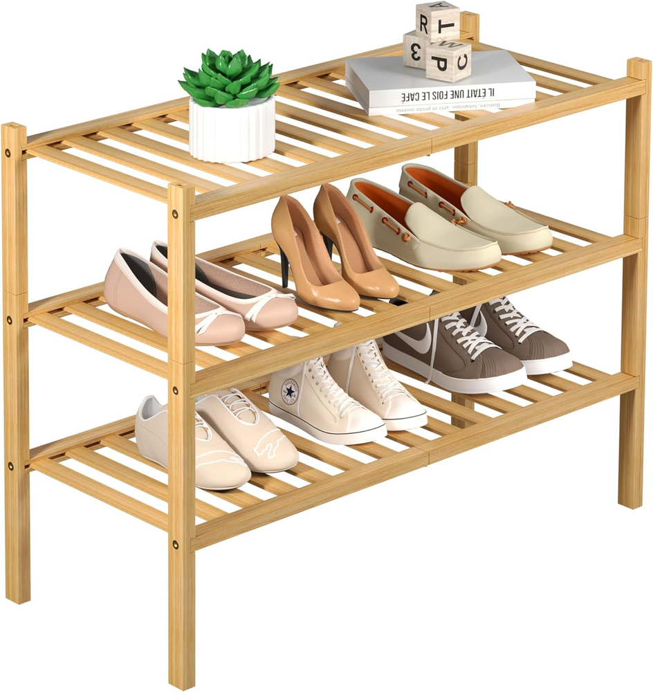 3-Tier Stackable Bamboo Shoe Rack Closet Organizer 27x11x20 Wood Storage