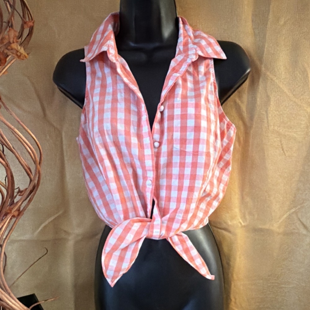 GUESS Orange White Gingham Sleeveless Collared Tie Front Cropped Blouse S