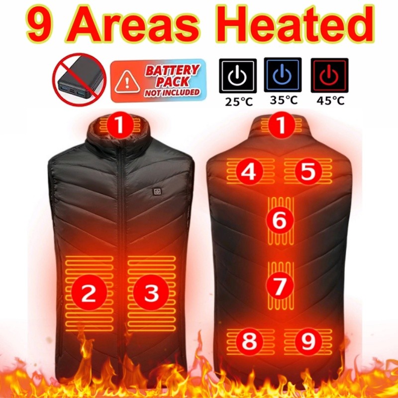 9-Zone Thermal Vest Unisex Electric Heating Vest 3 Level USB Charging Jacket 3XL