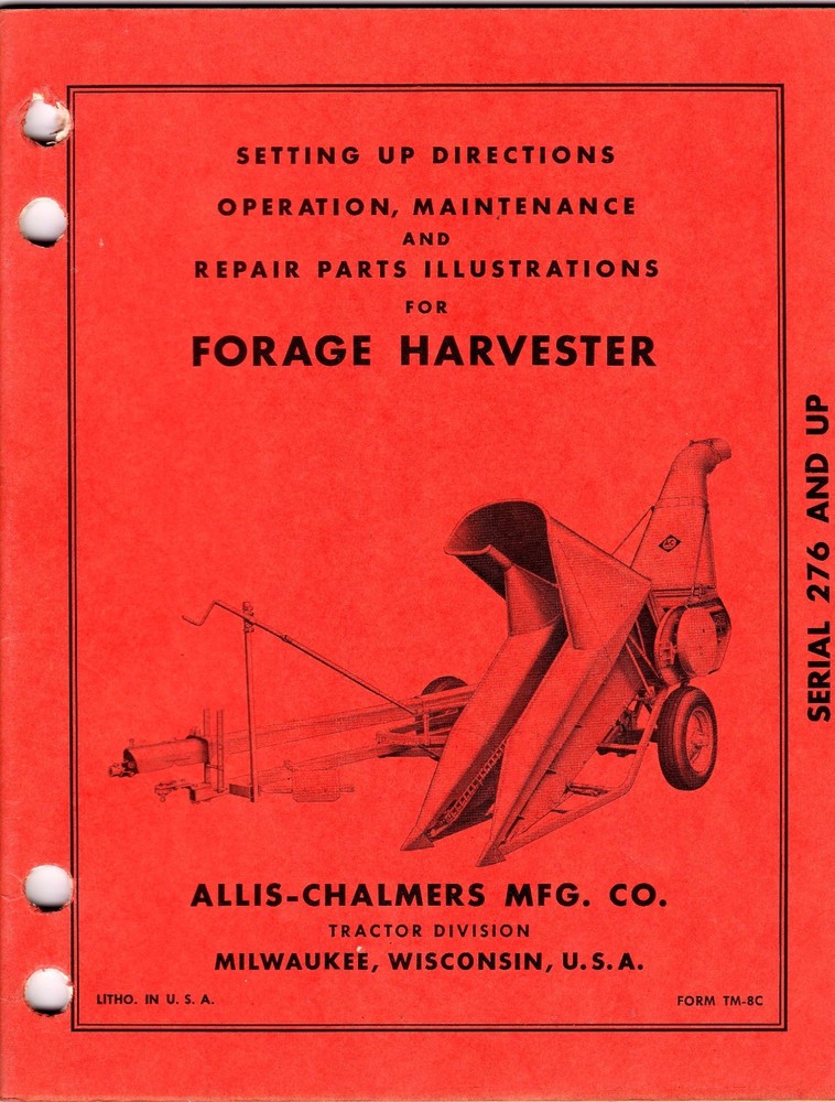 Allis Chalmers Forage Harvester Setup Operating Parts Manual KPC1