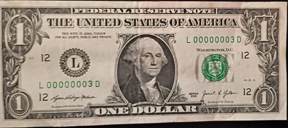 2013 US $1 Federal Reserve Banknote Circulated Uncertified Ungraded L00000003D
