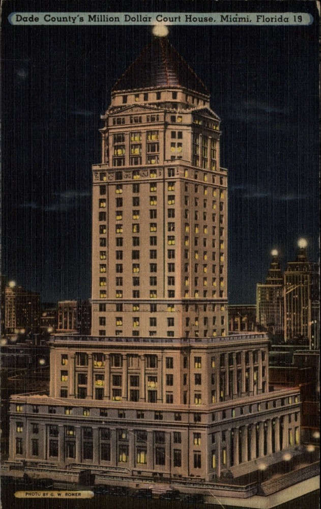 Miami Florida ~ Dade County Court House ~ night view ~ linen postcard sku637