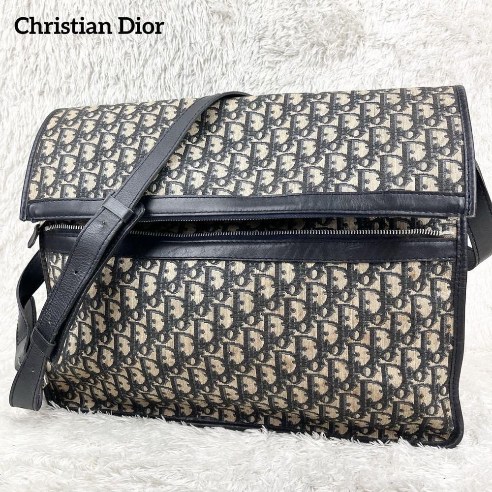 Vintage Christian Dior Trotter Navy Leather Shoulder Bag Large