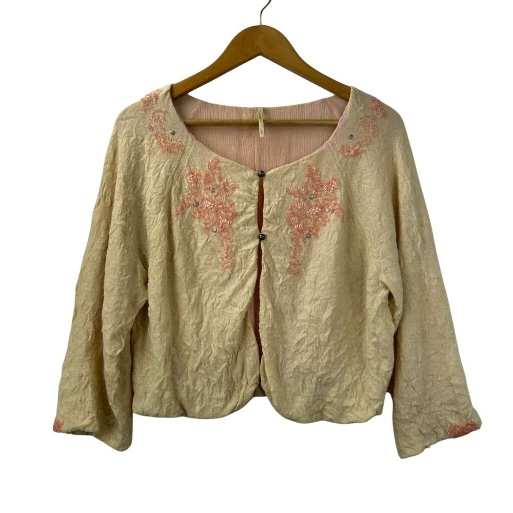 Free People Women's Medium Beige Embroidered Boho Cropped Cardigan Top Blouse