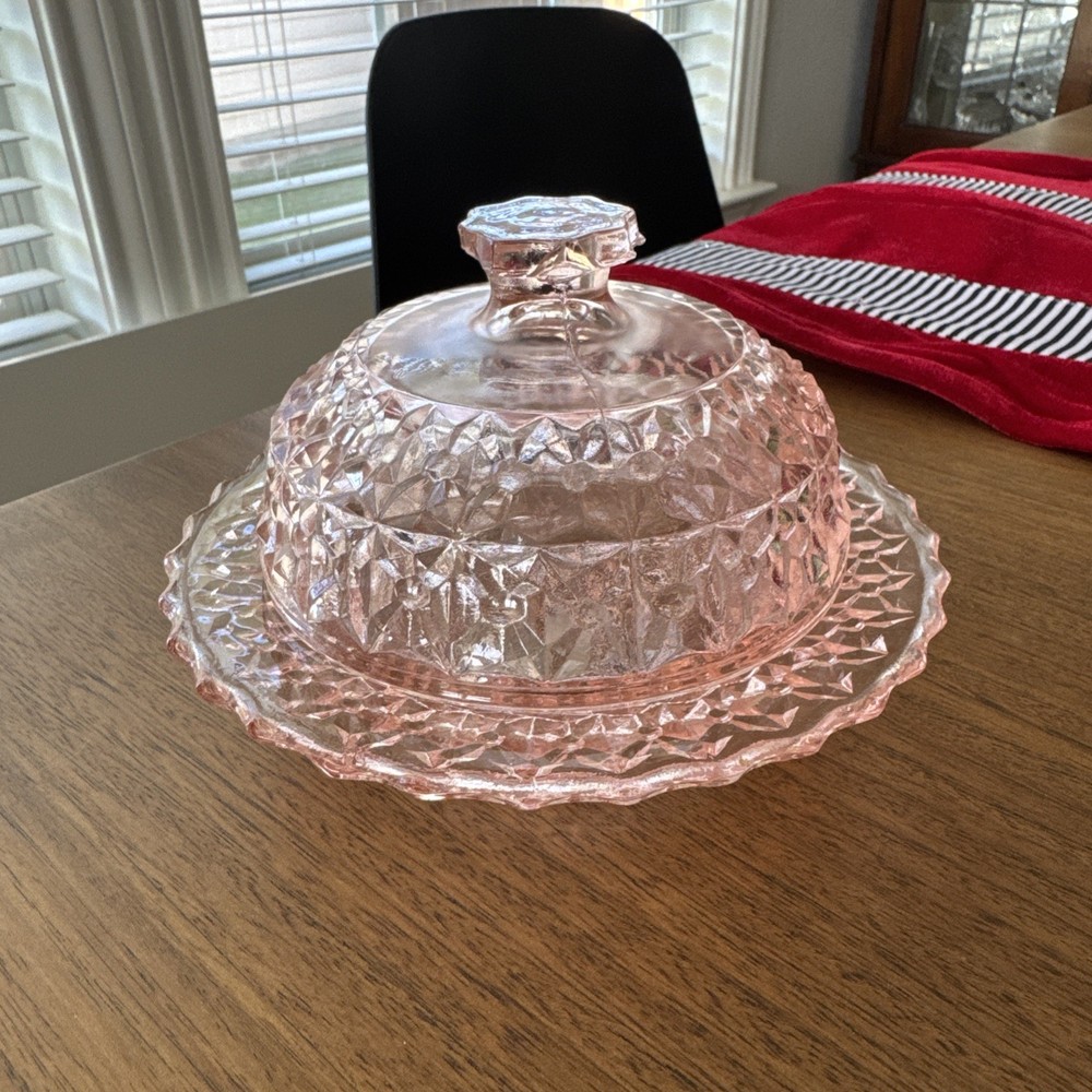Holiday Buttons and Bows Covered Butter Candy Dish Depression Glass Pink 6”