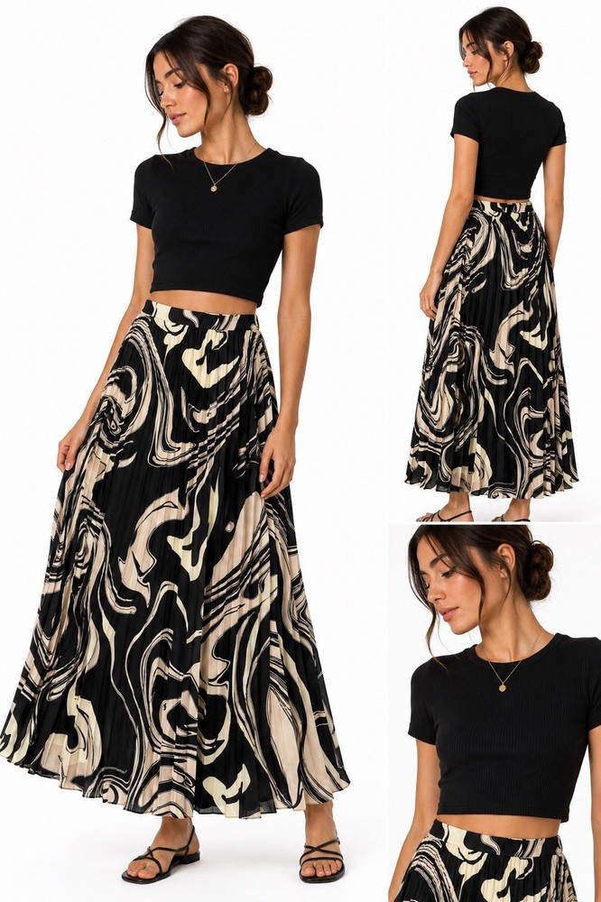 Tahari Women’s Black Beige Abstract Pleated Maxi Skirt Size 12