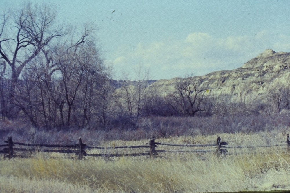 c1960's 35mm Slide Film Western Landscape Rocky Hills Bare Trees Fence American
