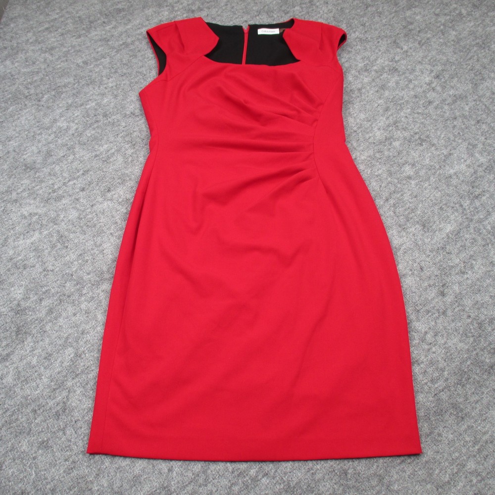 Calvin Klein Dress Womens Size 10 Red Black Sheath Cap Sleeve Ruched Stretch