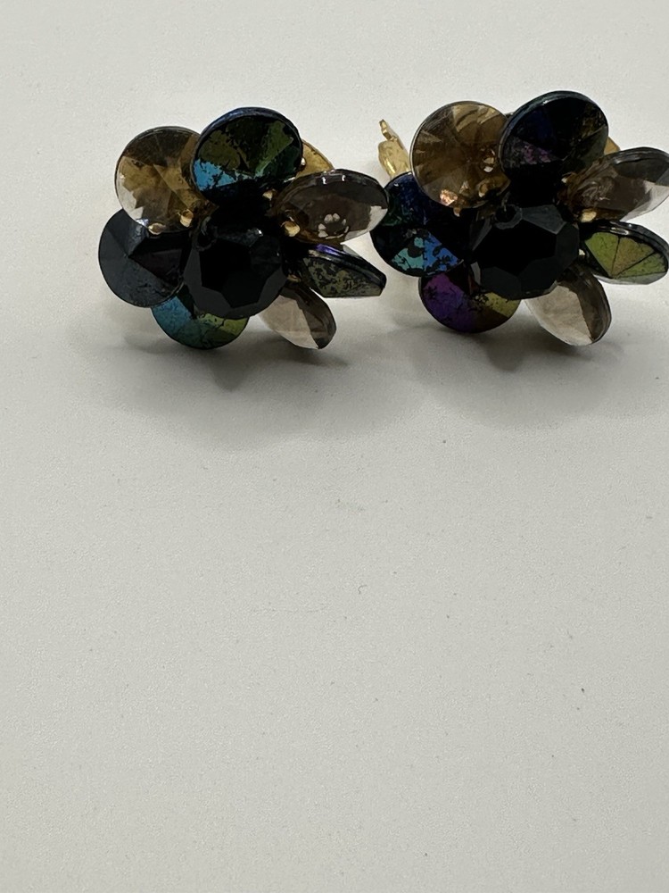 Vintage Multi Color Rhinestone Cluster Clip On Earrings