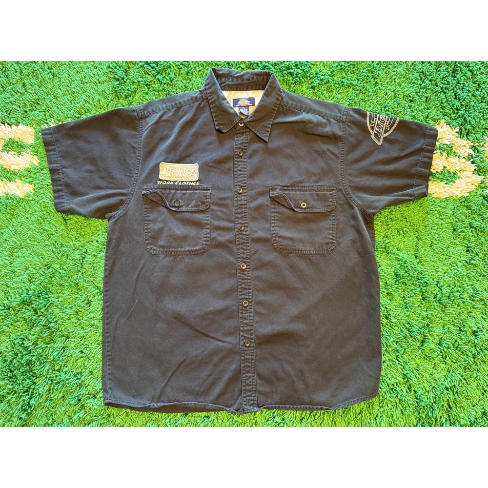 Dickies Work Shirt Mens XL Black Excellent Short Sleeve Patch Logo Button Down