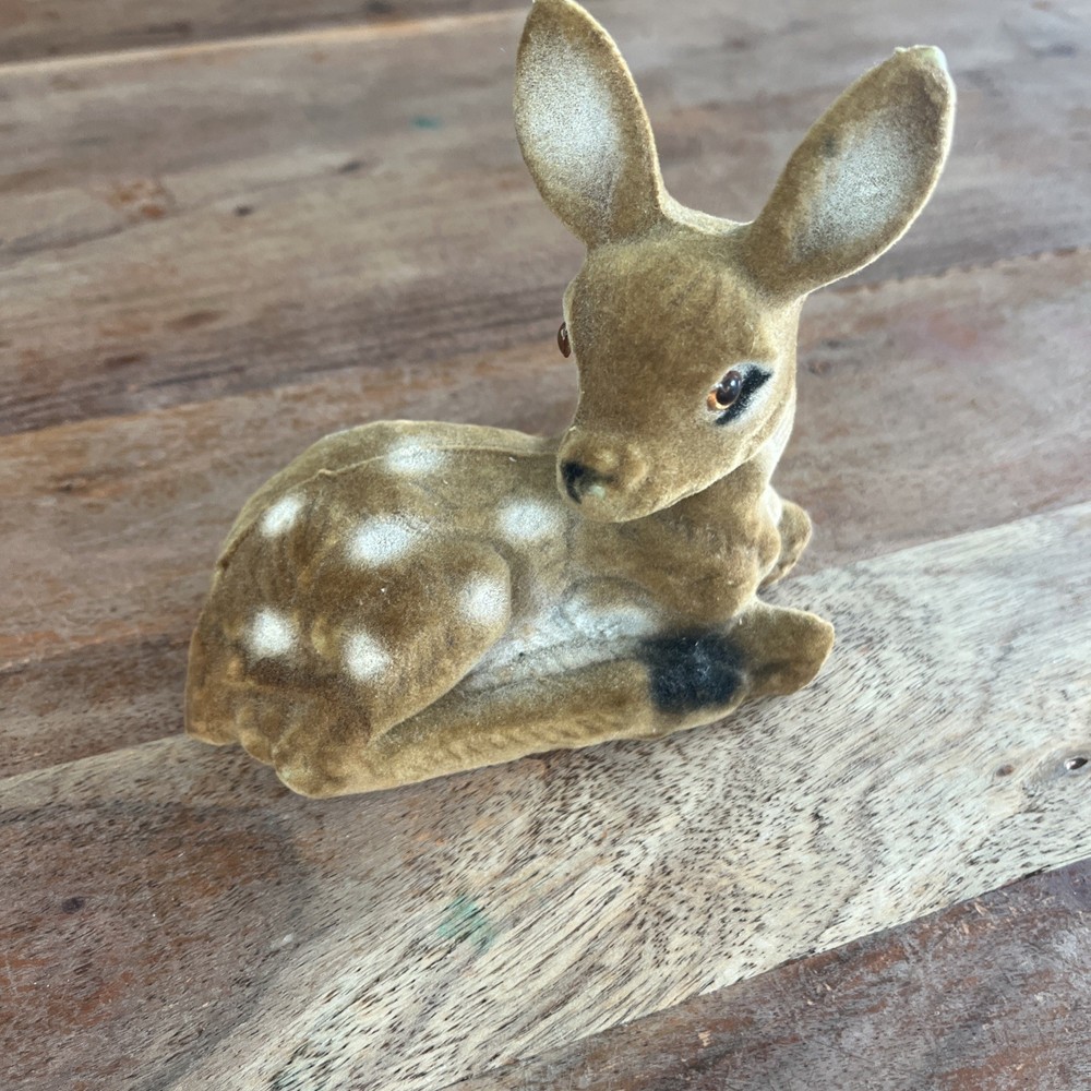 Vintage Felt Flocked Spotted Fawn Young Deer Figurine 5” x 5.5”