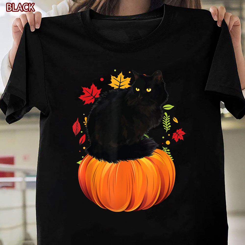 Black Cat Autumn Pumpkin Fall T-Shirt, Funny Thanksgiving Cat Lover Gifts Tee