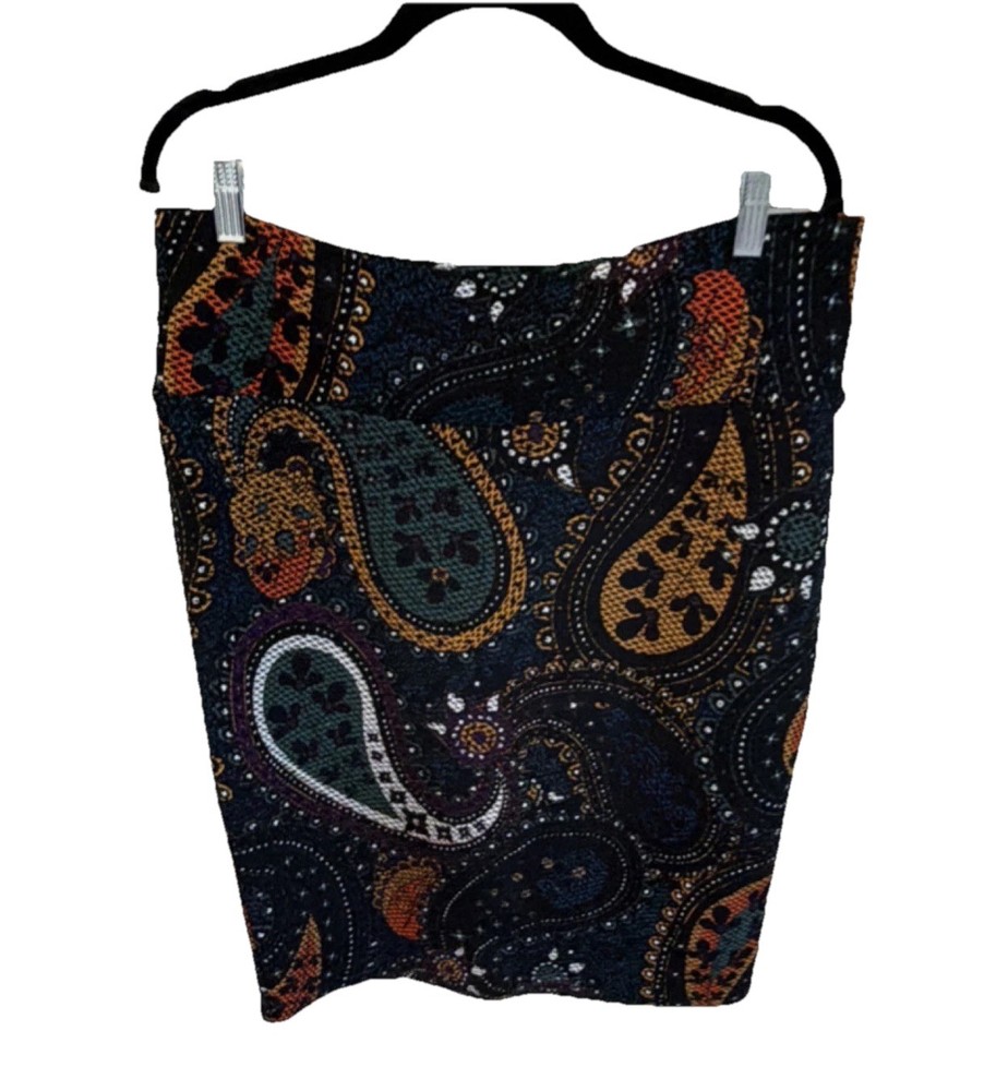 LuLaRoe Black Multicolor Paisley Knee Length Pencil Skirt XL Stretch Pull On