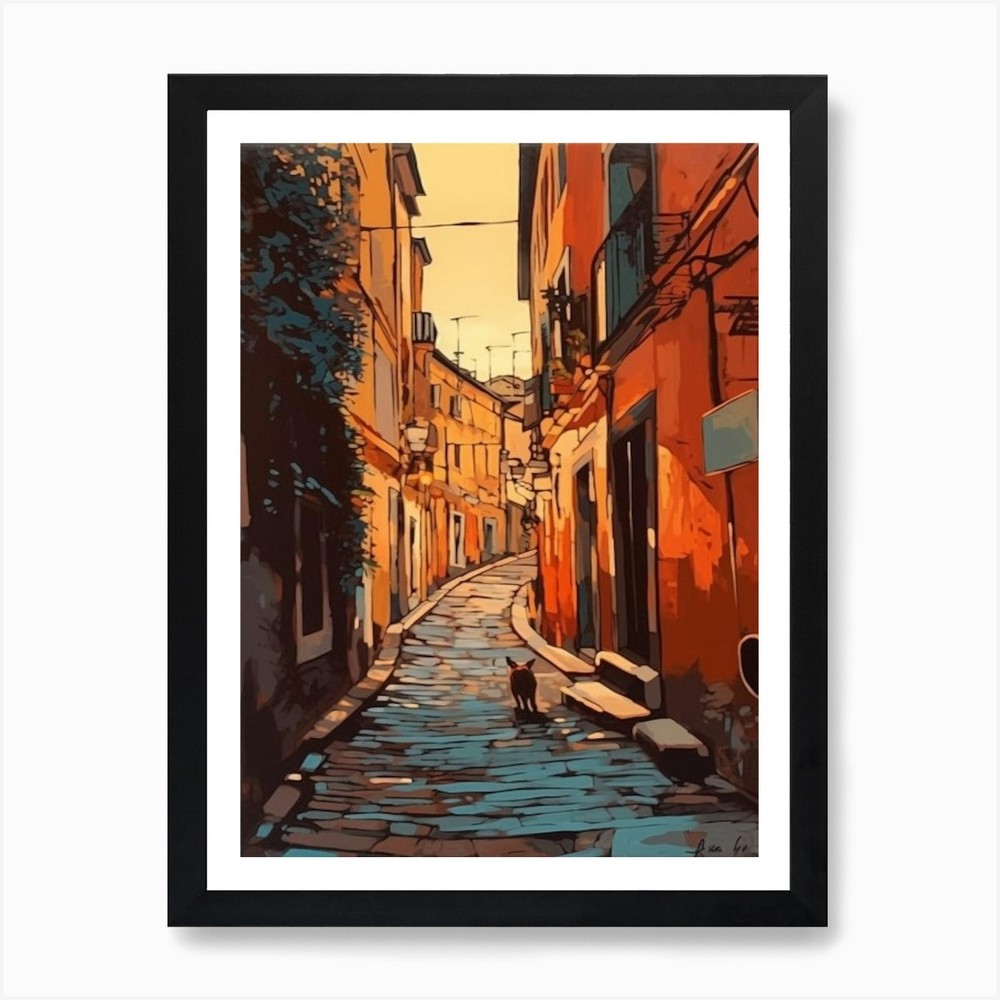 Framed Rome Painting with Cat Canvas Art Wall Poster Print  