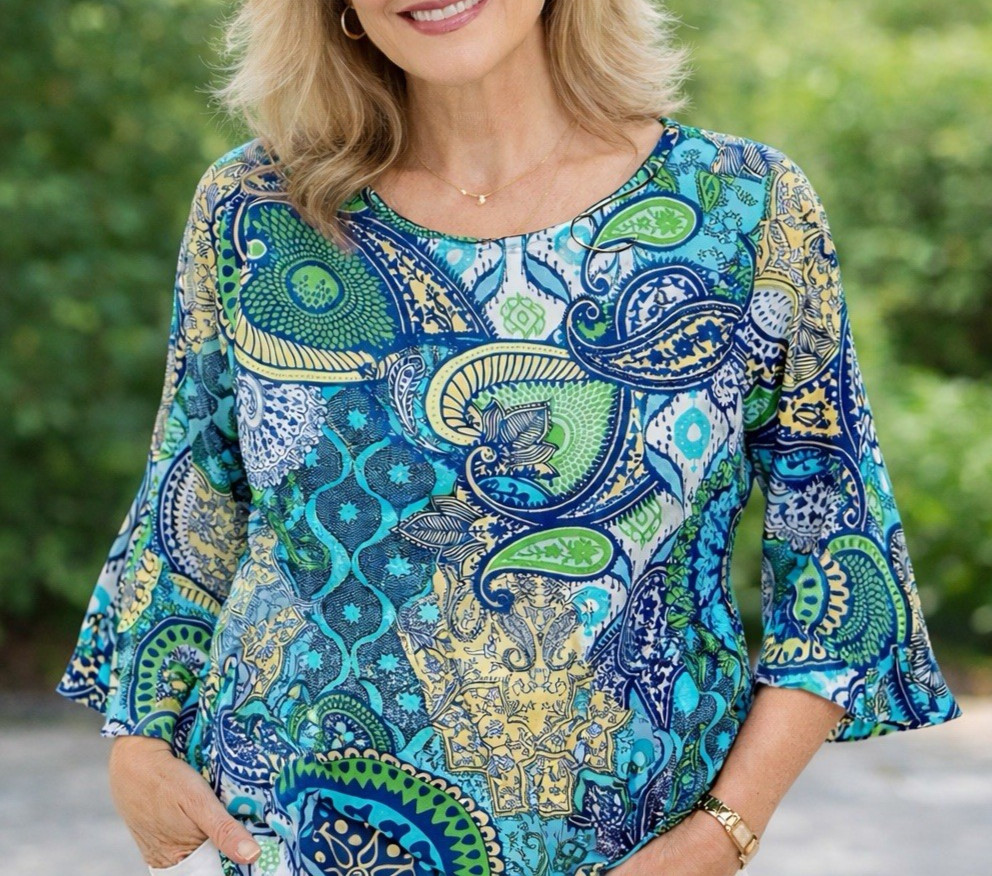 Chico's Womens Size L Multicolor Paisley Print Rayon Spandex 3/4 Sleeve Blouse