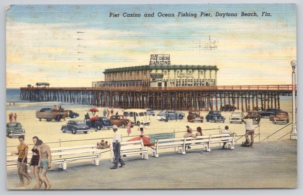 1951 Daytona Beach Pier Casino Ocean Fishing Linen Postcard FL