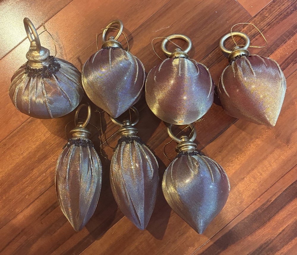 Vintage Gold Sparkle Fabric Glitter Christmas Ornament Lot Of 7