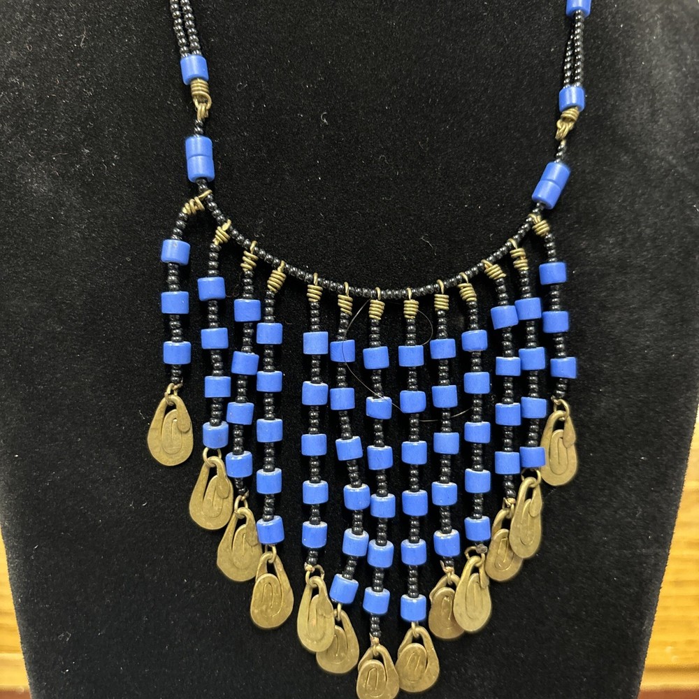 Necklace Art Deco Egyptian Revival Brass and Blue Glass Beads Bib 14” Cleopatra