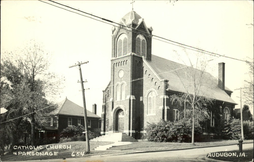 RPPC Catholic church and Parsonage Audubon Iowa ~ 1940s real photo postcard