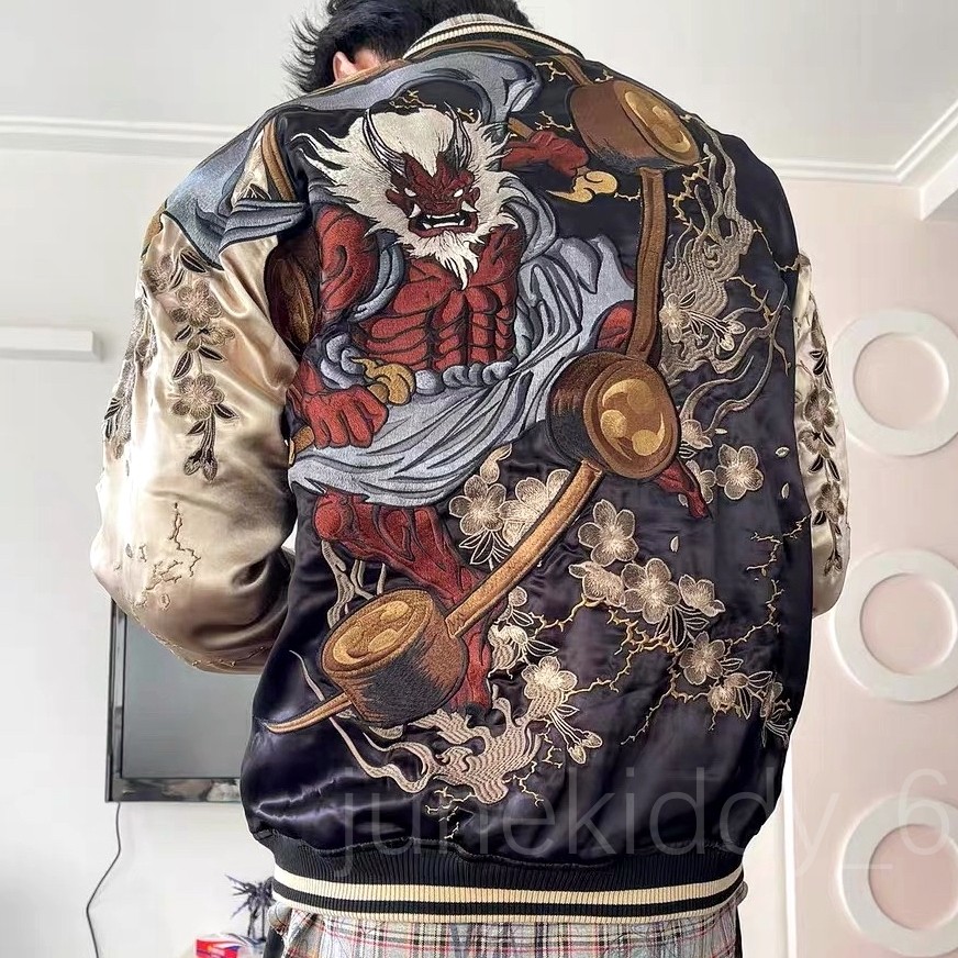 Mens Sukajan Souvenir Jacket Reversible Japanese Fujin Raijin God Embroidery