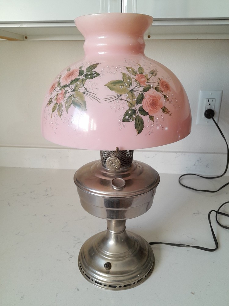 Stunning 3 Pc Antique Aladdin Model 12 Electrified Oil Lamp W/Pink Glass Shade