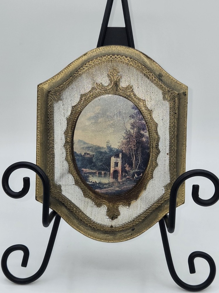 Vintage Italian Florentine Style Wall Plaque Landscape Scene Gold Gilt Frame