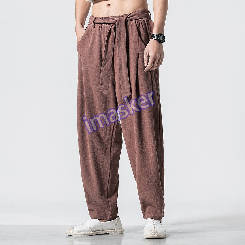 Men's Linen Kung Fu Pants Baggy Wide Leg Loose Fit Tai Chi Trousers Mid Rise
