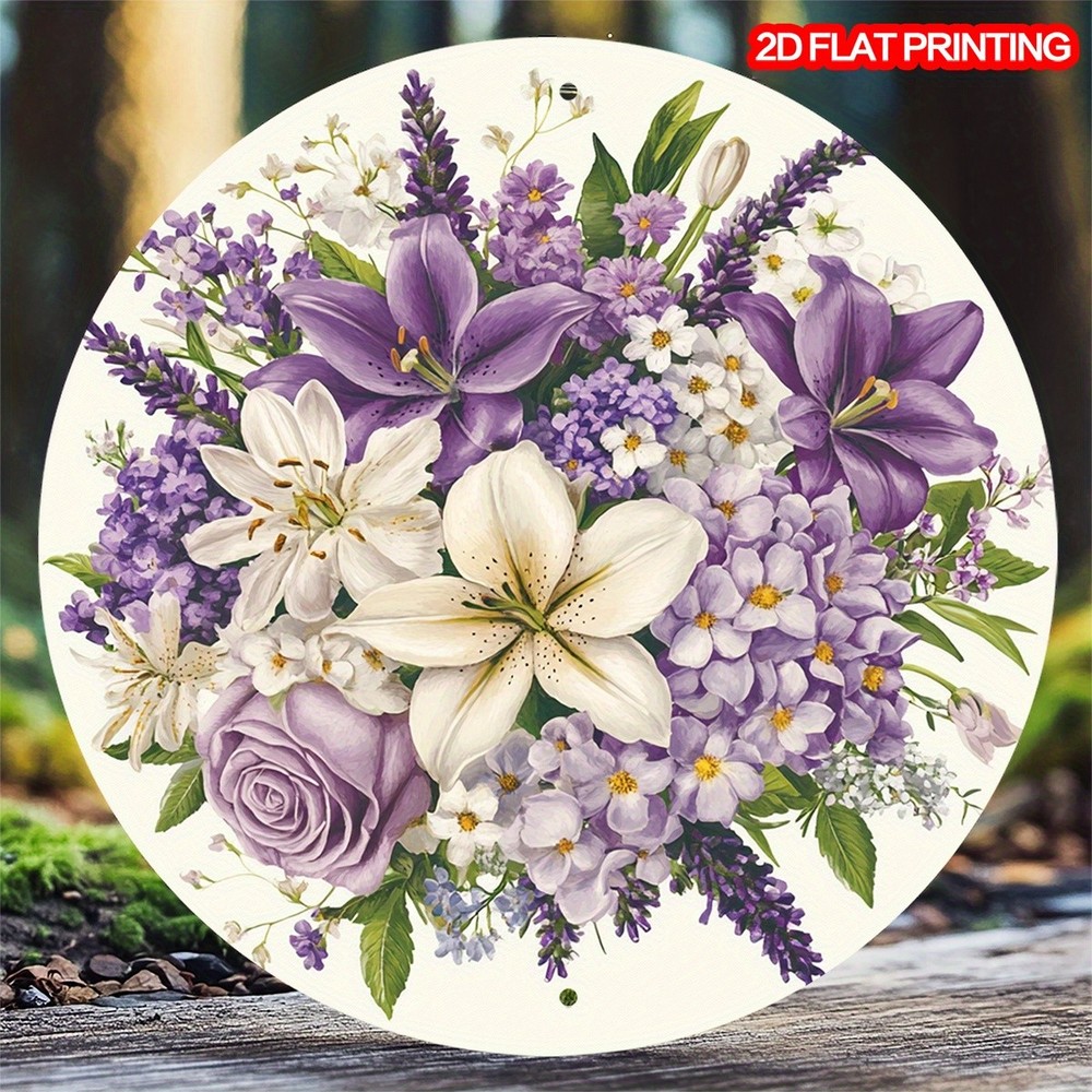 Vintage Floral Round Aluminum Wall Hanging Lilac Lily Decor