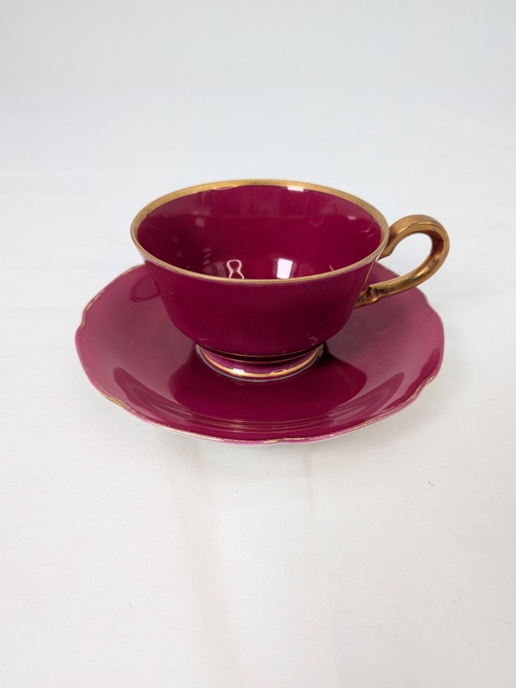 Vtg Fuchsia Pink and Gold Tirschenreuth Bavaria China Demitasse Teacup, Saucer