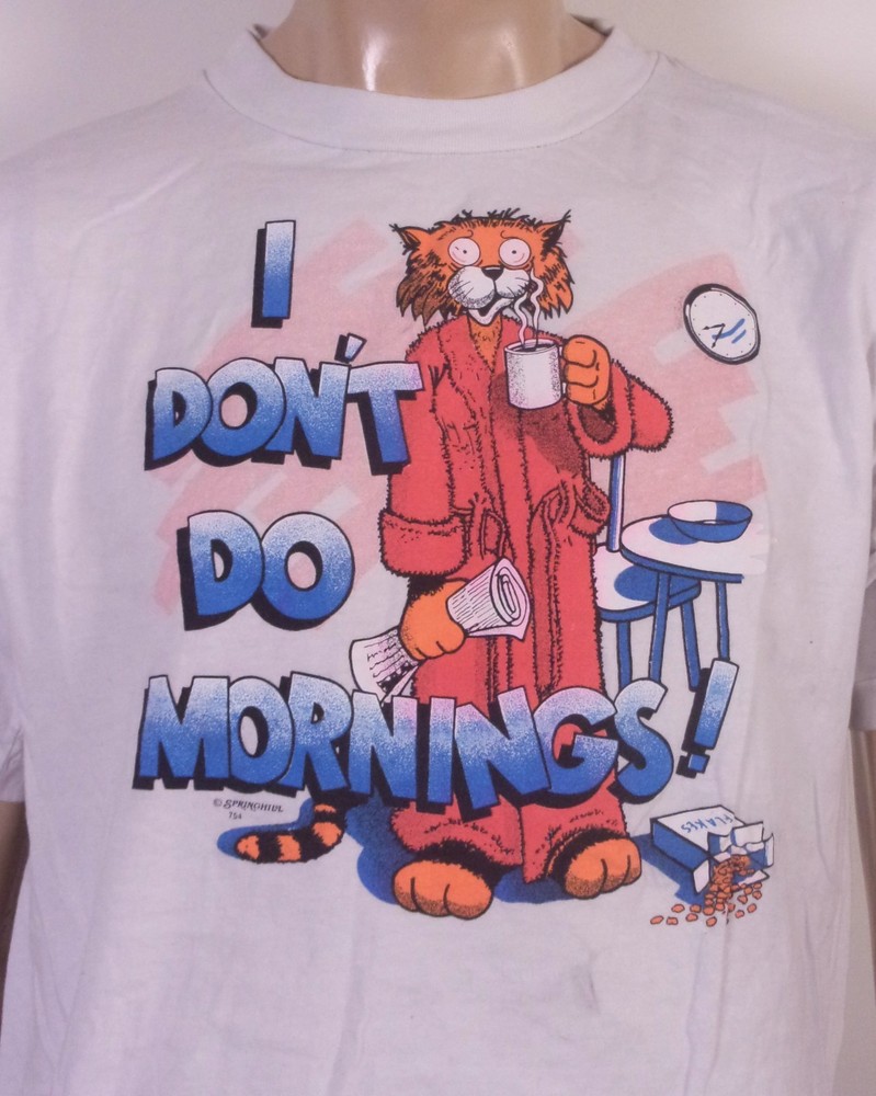 vintage 80s single stitch I Don't Do Morning Cartoon Cat Coffee T-Shirt SZ L