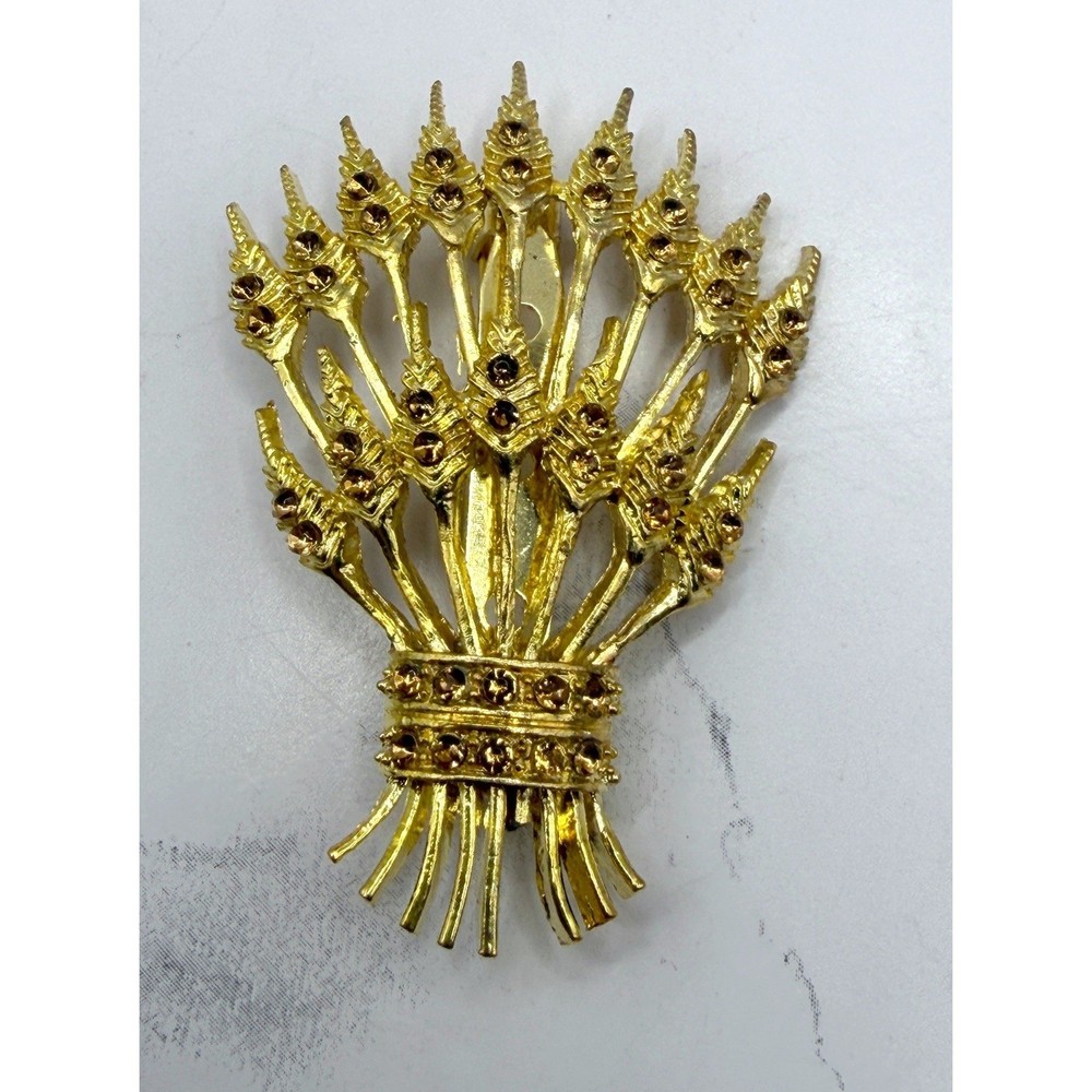 Vintage Gold Wheat Brooch Amber Rhinestones Harvest Sheaf Pin