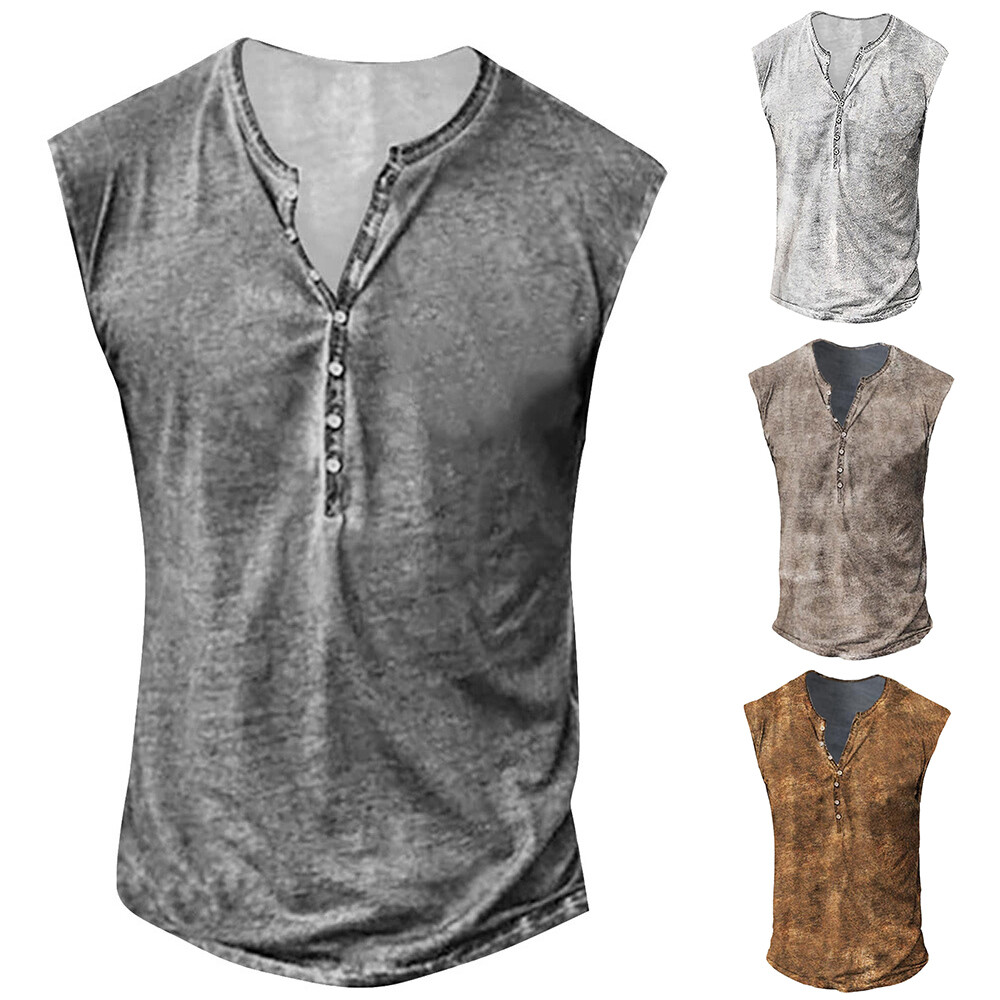 Men Button Tank Tops Gym Muscle Vest Casual Sleeveless Workout T-Shi