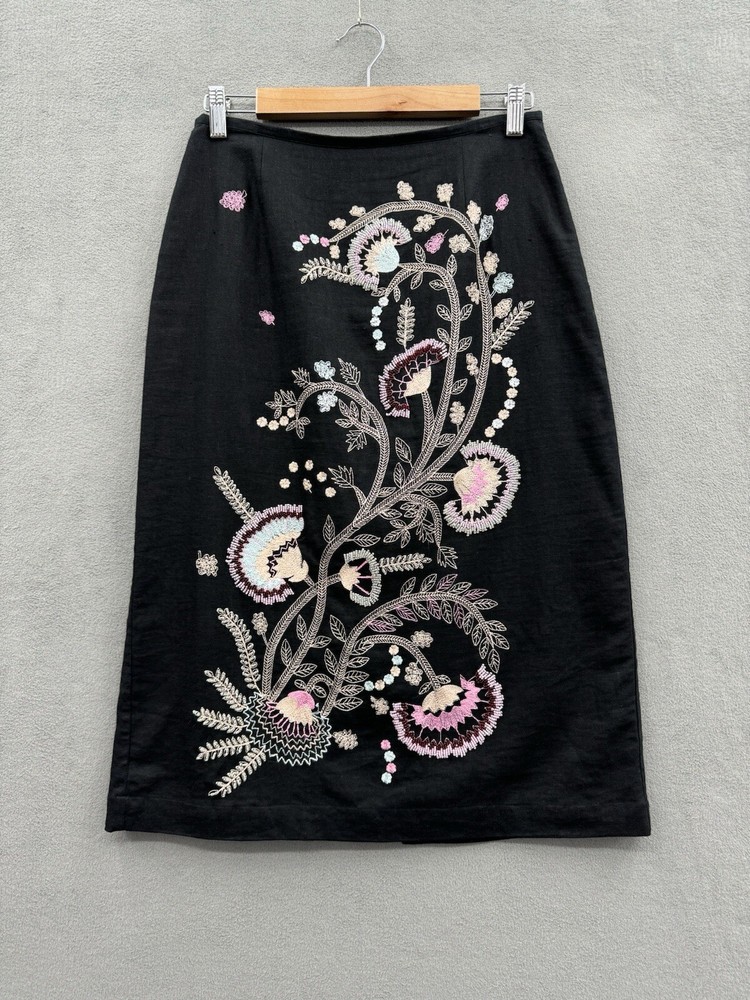 Richard Malcolm Women’s 8 Black Linen Beaded Embroidered Pencil Skirt