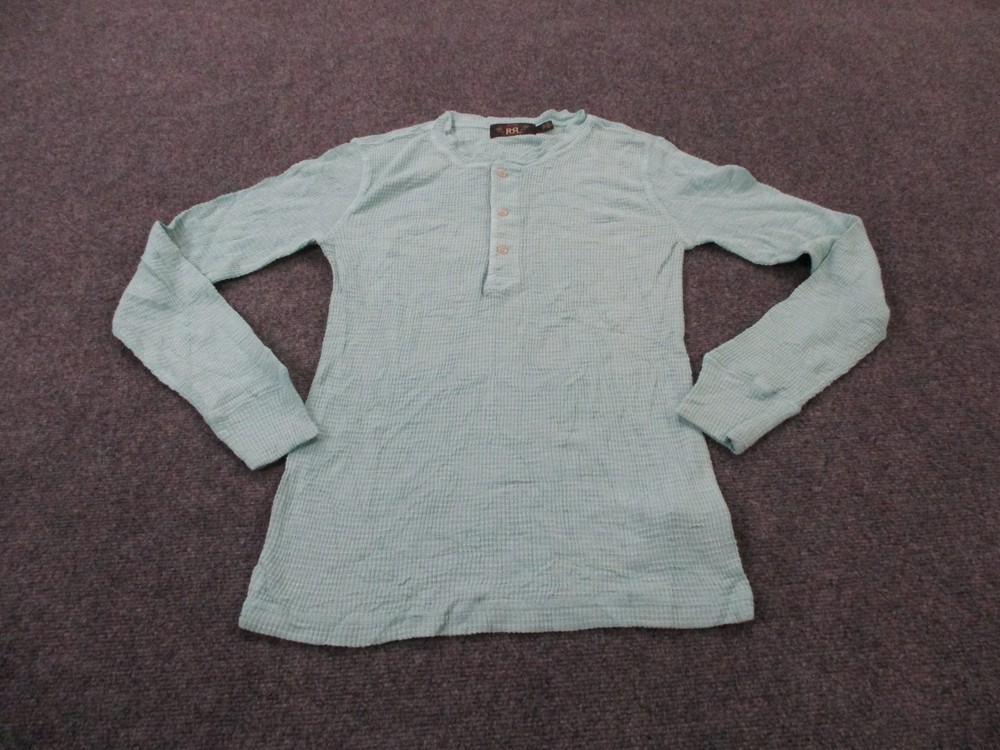 RRL Ralph Lauren Shirt Mens S Blue Double RL Waffle Knit Henley Thermal Teal