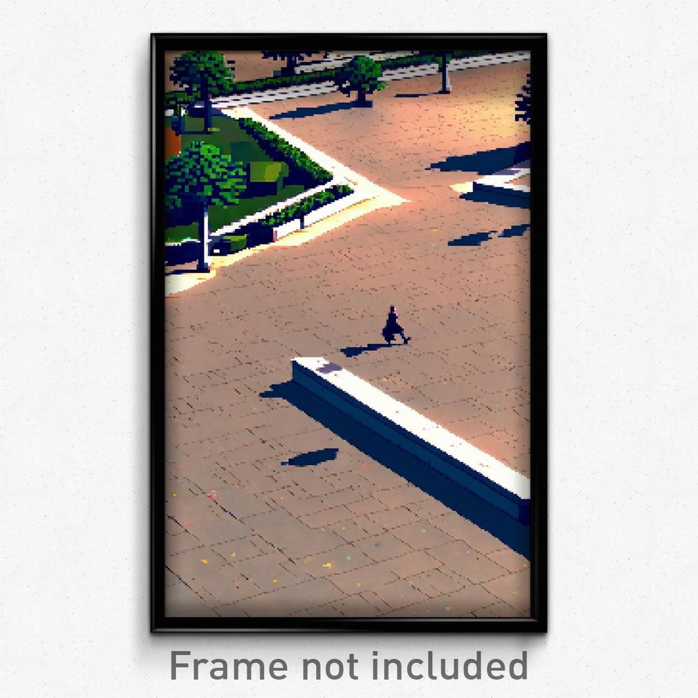 8 Bit Psychedelic Pixel Art Poster - Realistic Plaza Video Game Print