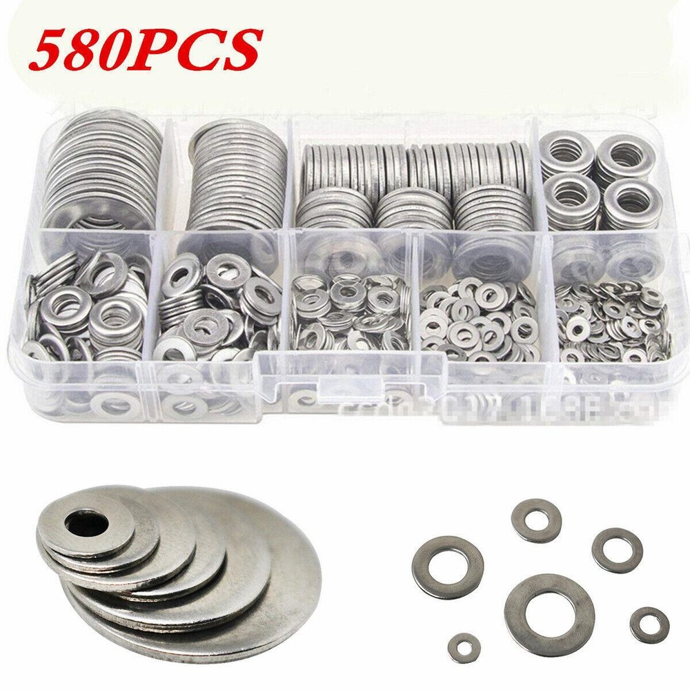 580Pcs M2-M12 Stainless Steel Flat Washer Assortment Kit for Auto Repair