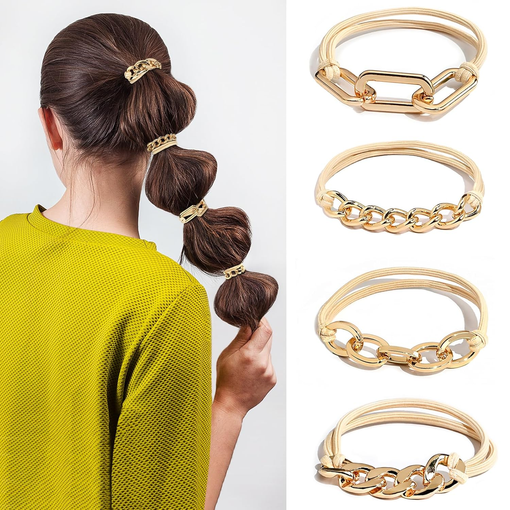 4-Pack Gold Hair Ties - Stylish Wrist Bracelet with Elastic Design, Multi-Use