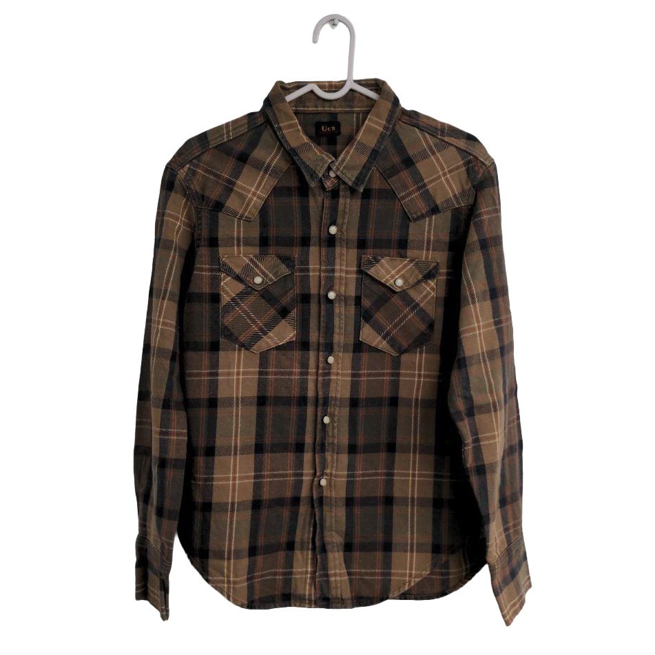UES Heavy Flannel Shirt Plaid Mens Size 2 Work Shirt Brown