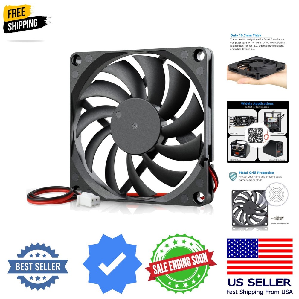 Ultra Thin 80mm x 80mm x 10mm 12V Computer PC Brushless DC Cooling Fan 2Pin f...