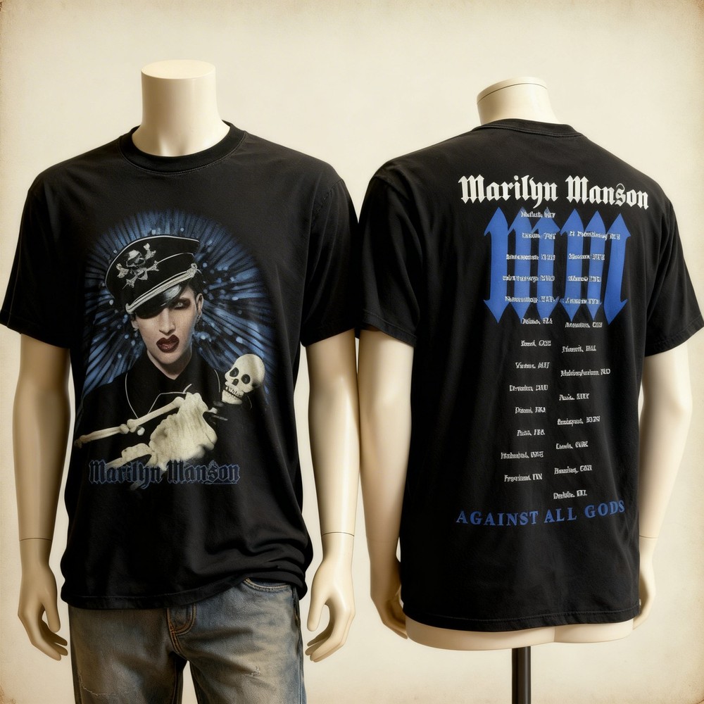 2004 Marilyn Manson Against All Gods 2 side basic black Unisex T shirt