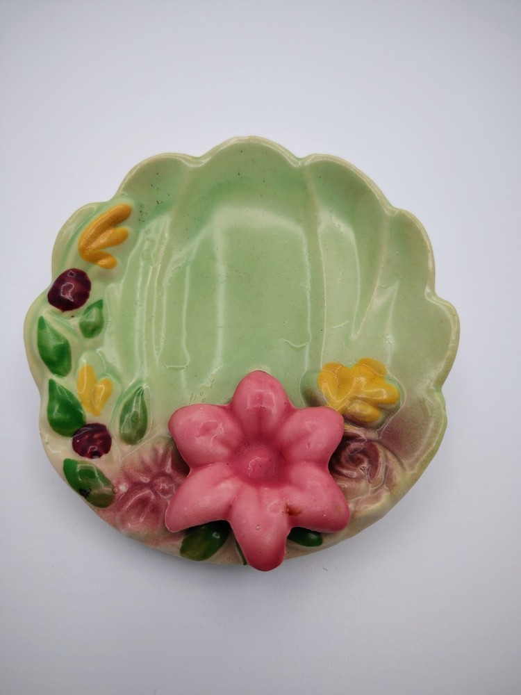 VINTAGE 1940s OPCO POTTERY Zanesville Ohio USA Flowers Shell Trinket Dish Soap