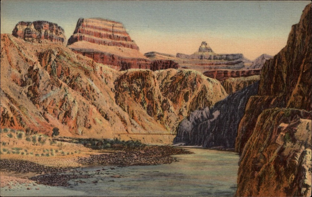 Grand Canyon Arizona Zoroaster summit formation Colorado River linen postcard
