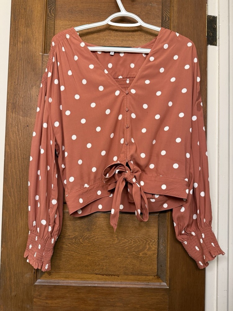 Madewell Polka Dot Tie Front Button V-Neck Blouse Rust White Long Sleeve Size 10