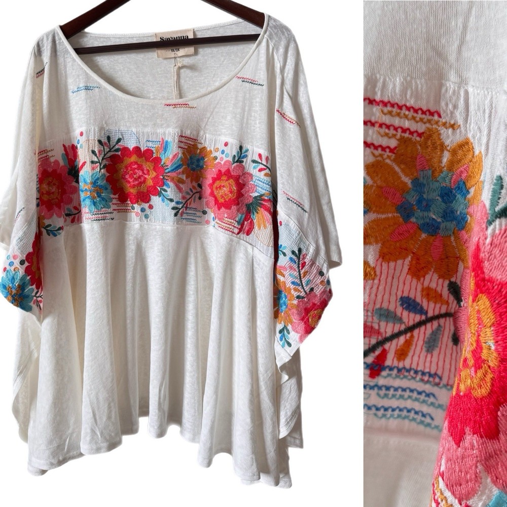 Savanna Jane NWT Top Tunic Poncho Coverup Boho Exquisite Floral Embroidery 1X 2X